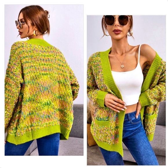 NWT! DROP SHOULDER BUTTONED V NECK OVERSIZED CARDIGAN IN GREEN! - Picture 1 of 11
